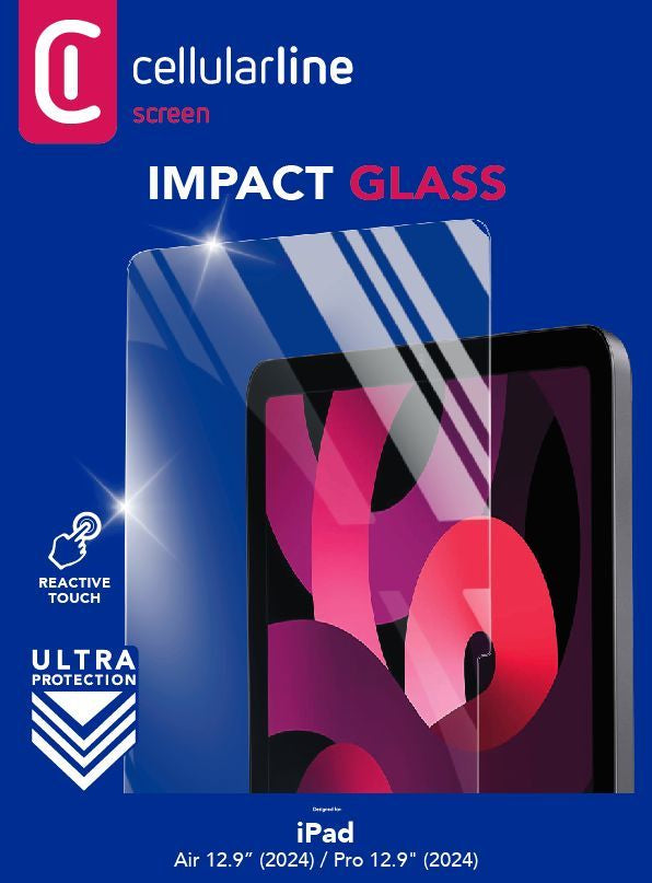Cellularline Impact Glass - iPad Air 12.9 (2024) e iPad Pro 12.9 (2024) Vetro temperato sottile e resistente