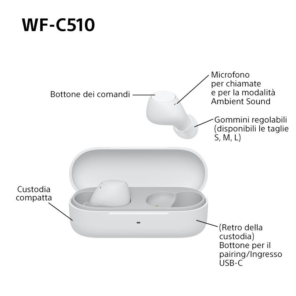 Sony WF-C510 | Cuffie True Wireless - Suono di alta qualità, Equalizzatore personalizzabile, Design Confortevole, Batteria da 22 ore, Ricarica Rapida, Connessione Multipoint Bluetooth, Ambient Sound Mode, Spotify Tap, Classificazione IPX4 - Bianco