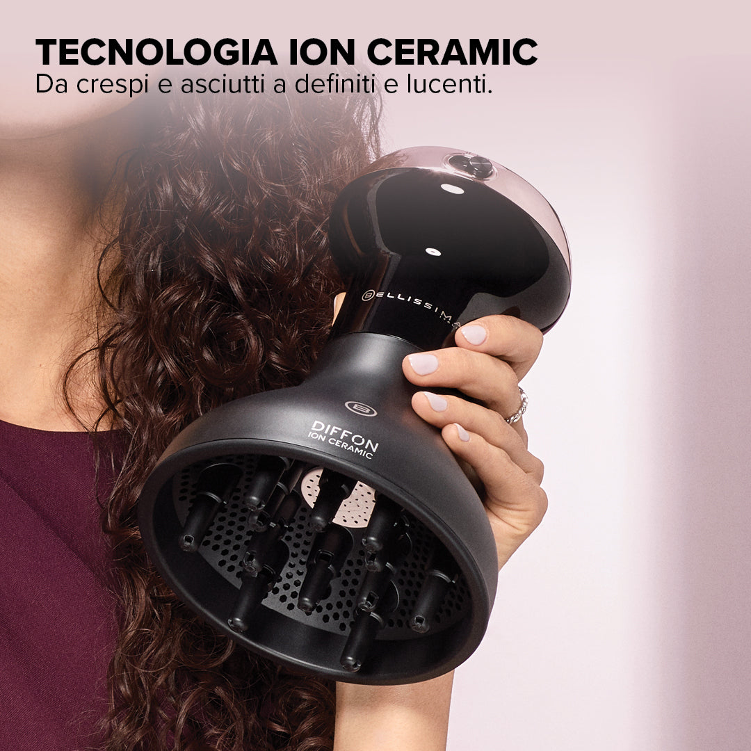 Bellissima Imetec Diffon Ion Ceramic, Diffusore ad Aria Calda per Capelli Ricci, Tecnologia Ion Ceramic, Doppio voltaggio, 700 W, 2 Combinazioni Aria/Temperatura, Asciugatura Delicata Senza Effetto Crespo, Impugnatura Ergnomica