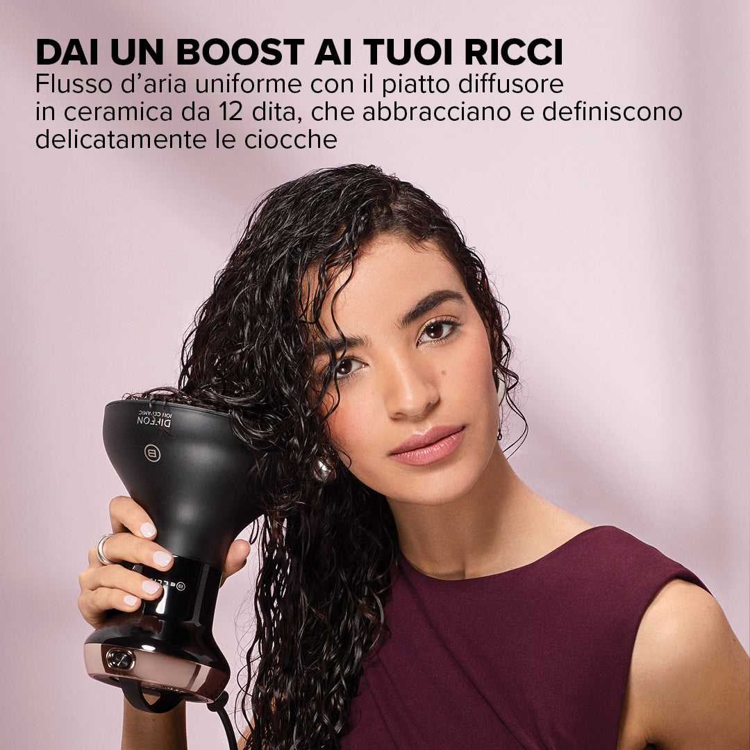 Bellissima Imetec Diffon Ion Ceramic, Diffusore ad Aria Calda per Capelli Ricci, Tecnologia Ion Ceramic, Doppio voltaggio, 700 W, 2 Combinazioni Aria/Temperatura, Asciugatura Delicata Senza Effetto Crespo, Impugnatura Ergnomica