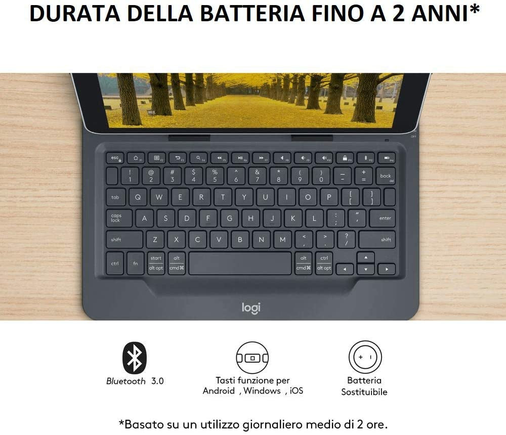 Logitech Universal Folio Cover iPad o Tablet con Tastiera Bluetooth Wireless, Per la maggior parte dei tablet da 9-10", iOS, Android, Windows, Italiano Qwerty, Nero