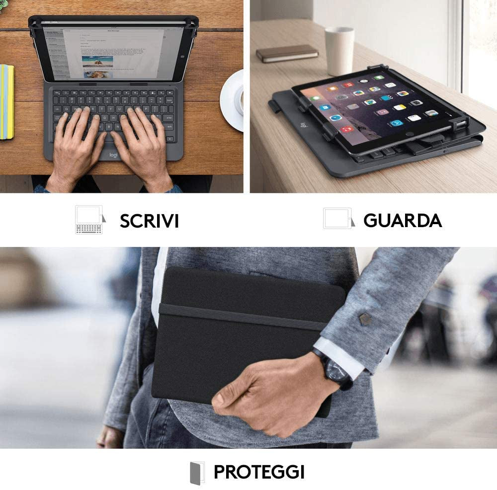 Logitech Universal Folio Cover iPad o Tablet con Tastiera Bluetooth Wireless, Per la maggior parte dei tablet da 9-10", iOS, Android, Windows, Italiano Qwerty, Nero