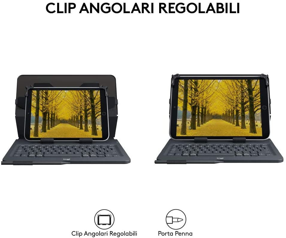 Logitech Universal Folio Cover iPad o Tablet con Tastiera Bluetooth Wireless, Per la maggior parte dei tablet da 9-10", iOS, Android, Windows, Italiano Qwerty, Nero