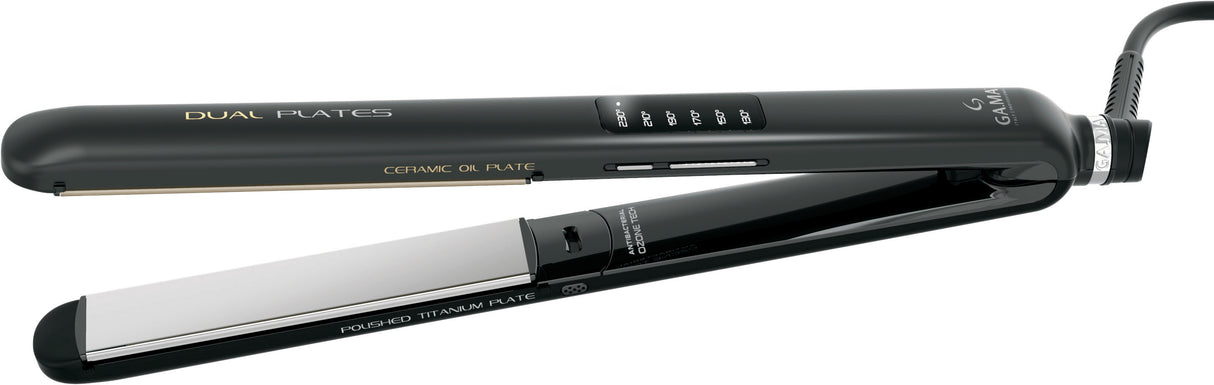 GA.MA Piastra Led Dual Plates 4D: per look ricci e lisci, tecnologio agli ioni e ozono, doppia trafile larghe e basculanti, 1 trafila in titanio e 1 ceramica con olio d'argan, anti effetto crespo, temperatura regolabile da 130 a 230°C, autospegnimento