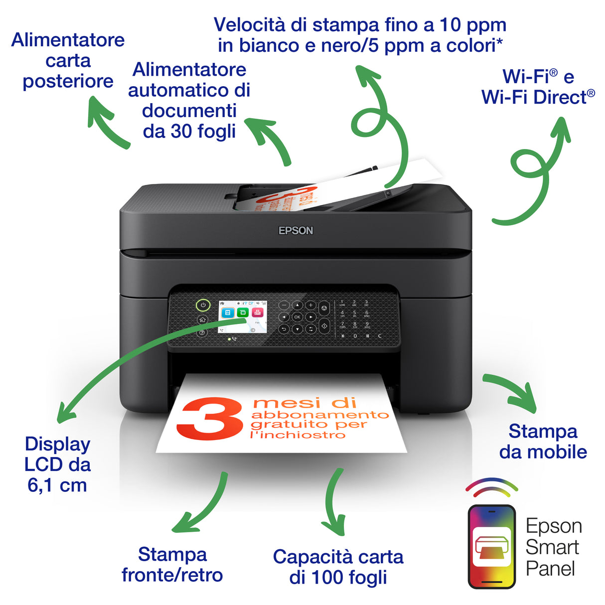 Epson WorkForce WF-2950DWF stampante multifunzione A4 getto d'inchiostro (stampa, scansione, copia), Display LCD 6.1cm, ADF, WiFi Direct, AirPrint, 3 mesi di inchiostro incluso con ReadyPrint