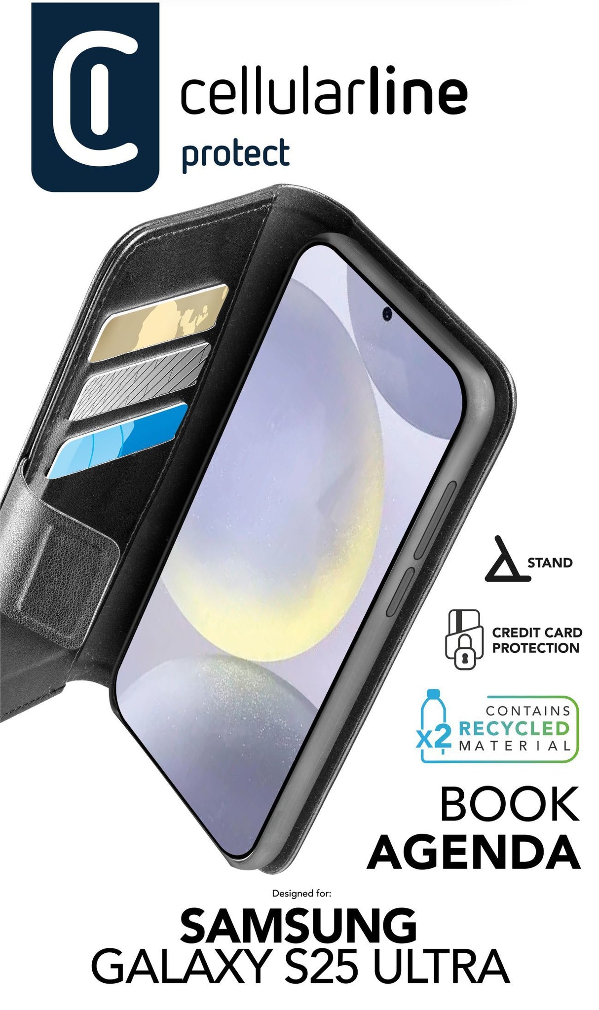 Cellularline Book Agenda - Galaxy S25 Ultra Custodia a libro effetto pelle con chiusura magnetica