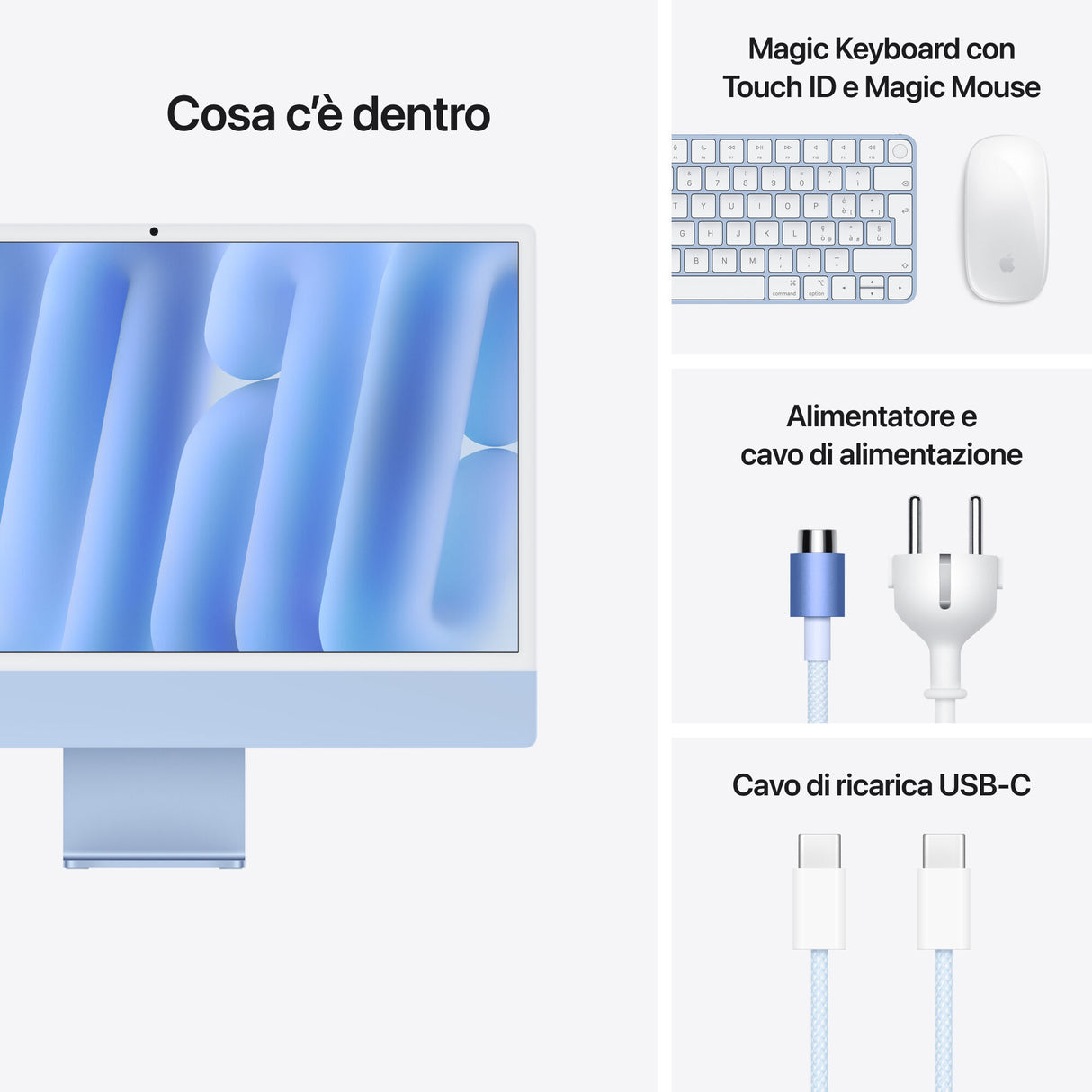 Apple iMac 24"Retina Display 4,5K, Chip M4 con CPU 10‑core, GPU 10‑core, 16GB, 256GB SSD, Blu