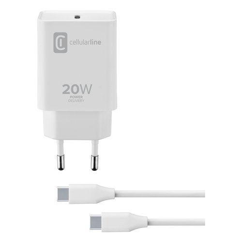 Cellularline USB-C Charger Kit 20W - USB-C to USB-C - iPad Pro (2018 or later) and iPad Air (2020) Caricabatterie da rete USB-C 20W per la carica alla massima velocità di iPad Pro (2018 e successivi) e iPad Air (2020) con cavo USB-C to USB-C
