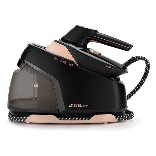 Imetec Evos, Ferro da Stiro con Caldaia, Tecnologia Flash Steam con Vapore Potenziato, Pressione fino a 7 bar, Piastra Infinity Glide Alta Scorrevolezza, Colpo di Vapore Flash da 500 g, 2400 W, Sistema Anticalcare, Blocca Ferro, Autospgnimento