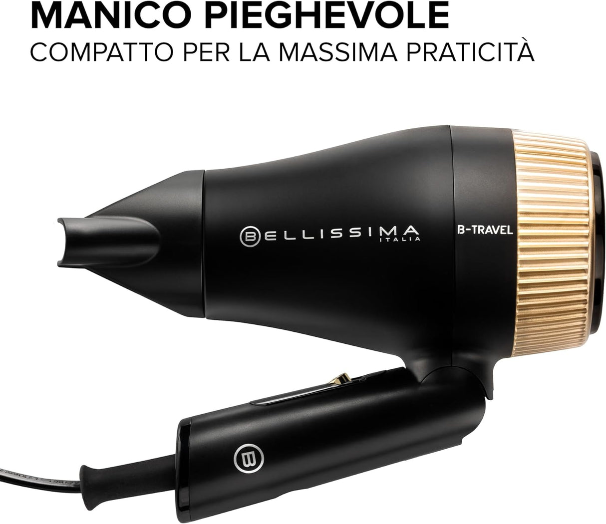 Bellissima Imetec B-Travel Asciugacapelli da viaggio, portatile e compatto, 1400 W, manico pieghevole, doppio voltaggio, concentratore di precisione, 2 combinazioni aria/temperatura, custodia da viaggio, idea regalo