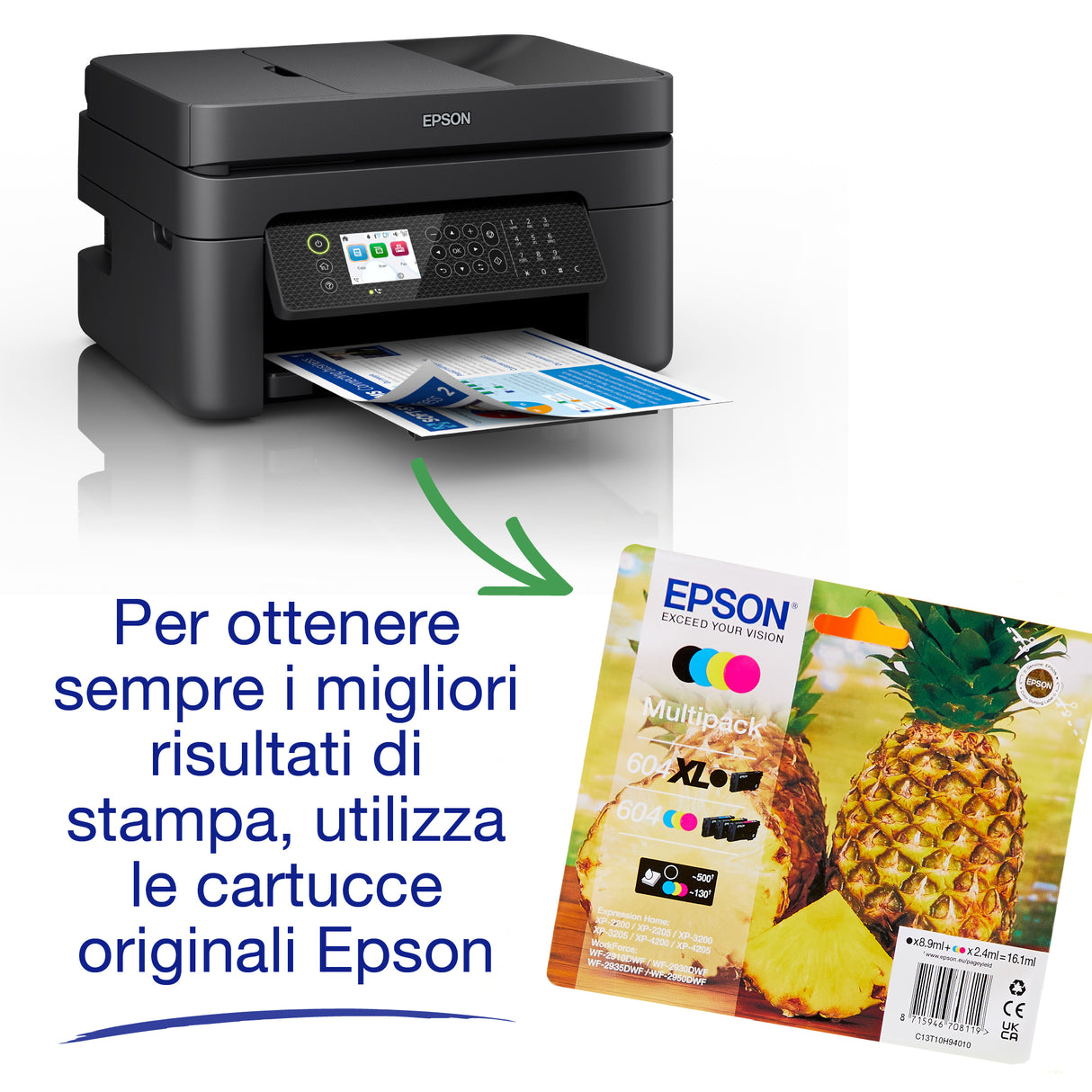 Epson WorkForce WF-2950DWF stampante multifunzione A4 getto d'inchiostro (stampa, scansione, copia), Display LCD 6.1cm, ADF, WiFi Direct, AirPrint, 3 mesi di inchiostro incluso con ReadyPrint