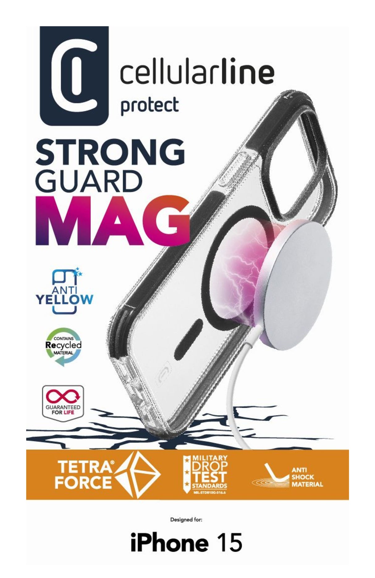 Cellularline Tetra Force Strong Guard Mag - iPhone 15 Custodia ultra protettiva, anti-shock compatibile con ecosistema Apple Magsafe