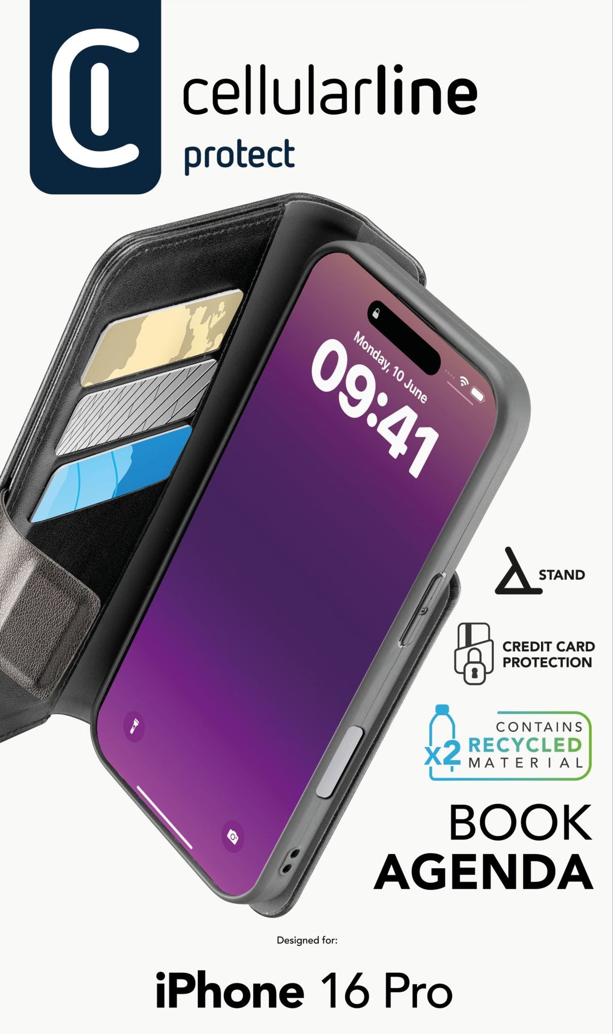 Cellularline Book Agenda - iPhone 16 Pro Custodia a libro effetto pelle con chiusura magnetica