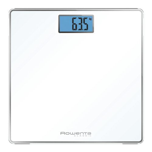 Rowenta Classic BS1501 , bilancia pesapersone elettronica, 31x31 cm, fino a 160 Kg con graduazione di precisione ogni 100g, spessore di 22 mm, batterie incluse, vetro temperato, bianco