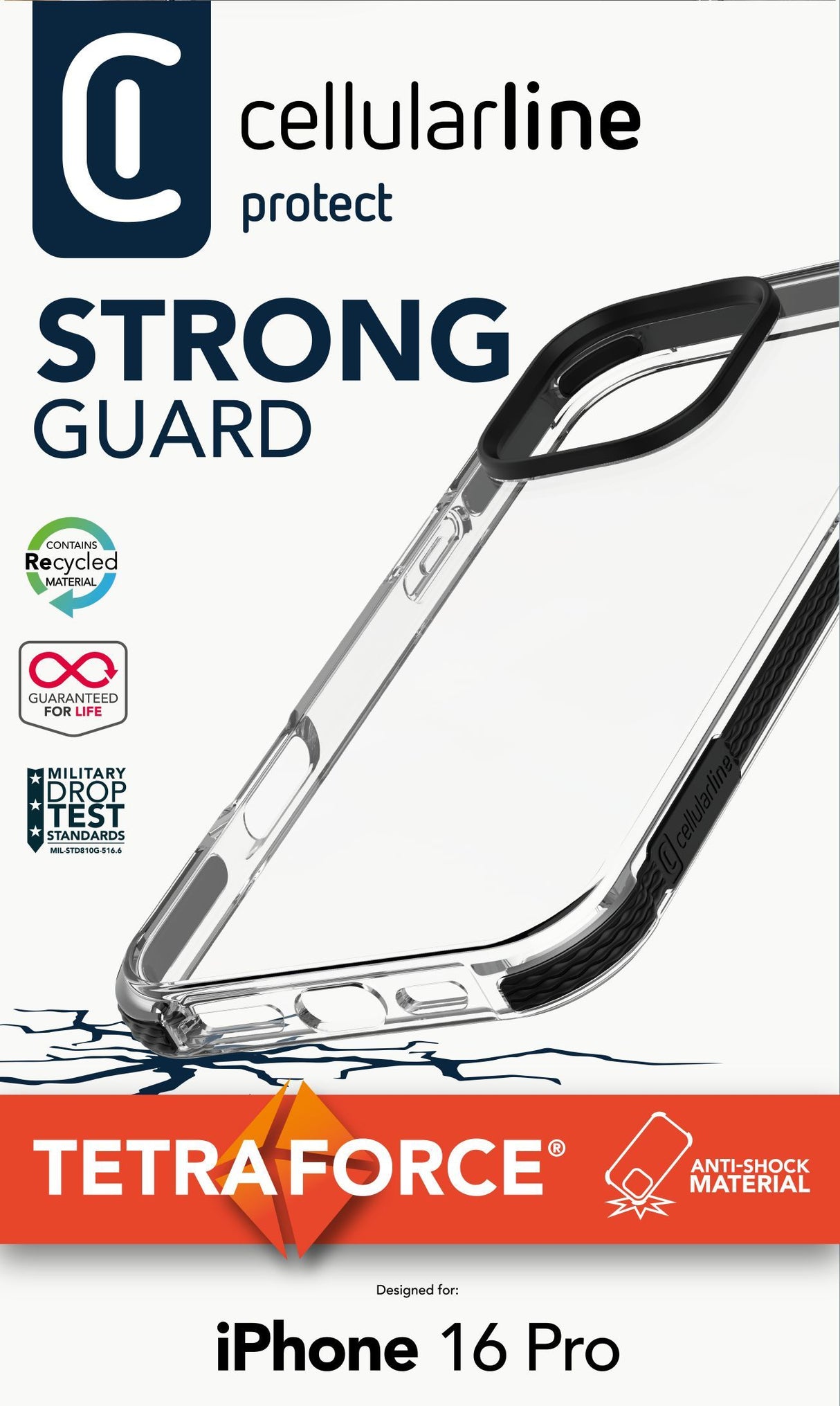 Cellularline Tetra Force Strong Guard - iPhone 16 Pro Custodia flessibile ultra-protettiva, anti-shock con tecnologia antibatterica Microban® integrata
