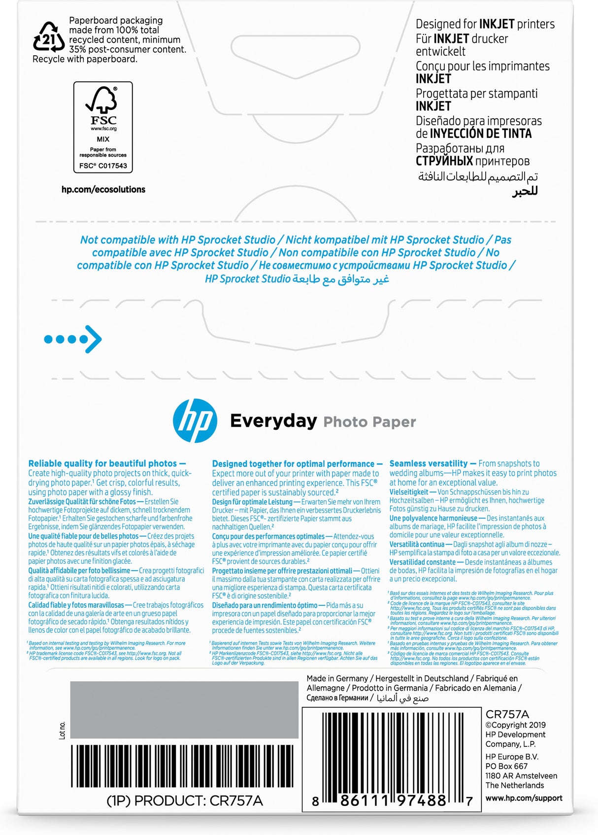 HP Carta fotografica Everyday, lucida, 200 g/m2, 10" x 15" (101 x 152 mm), 100 fogli