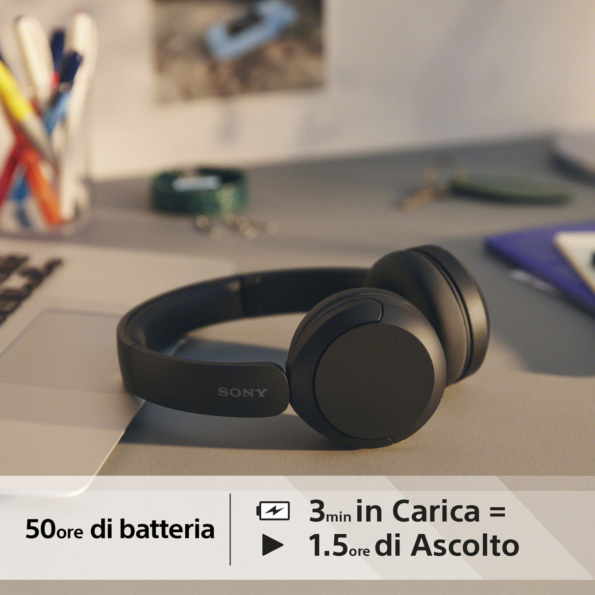 Sony Cuffie Bluetooth wireless WH-CH520 - Durata della batteria fino a 50 ore con ricarica rapida, stile on-ear - Nero