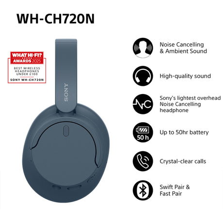 Sony WH-CH720N Auricolare Con cavo e senza cavo A Padiglione Musica e Chiamate USB tipo-C Bluetooth Blu