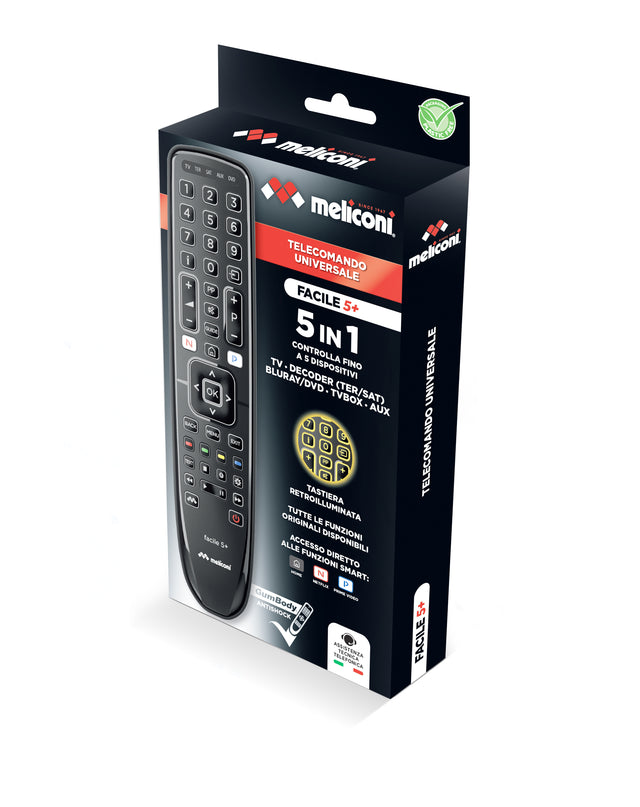 Meliconi Gumbody Facile 5+ telecomando DVD/Blu-ray, Sistema audio domestico, Sistema Home cinema, Sky, Altoparlante Soundbar, TV Pulsanti