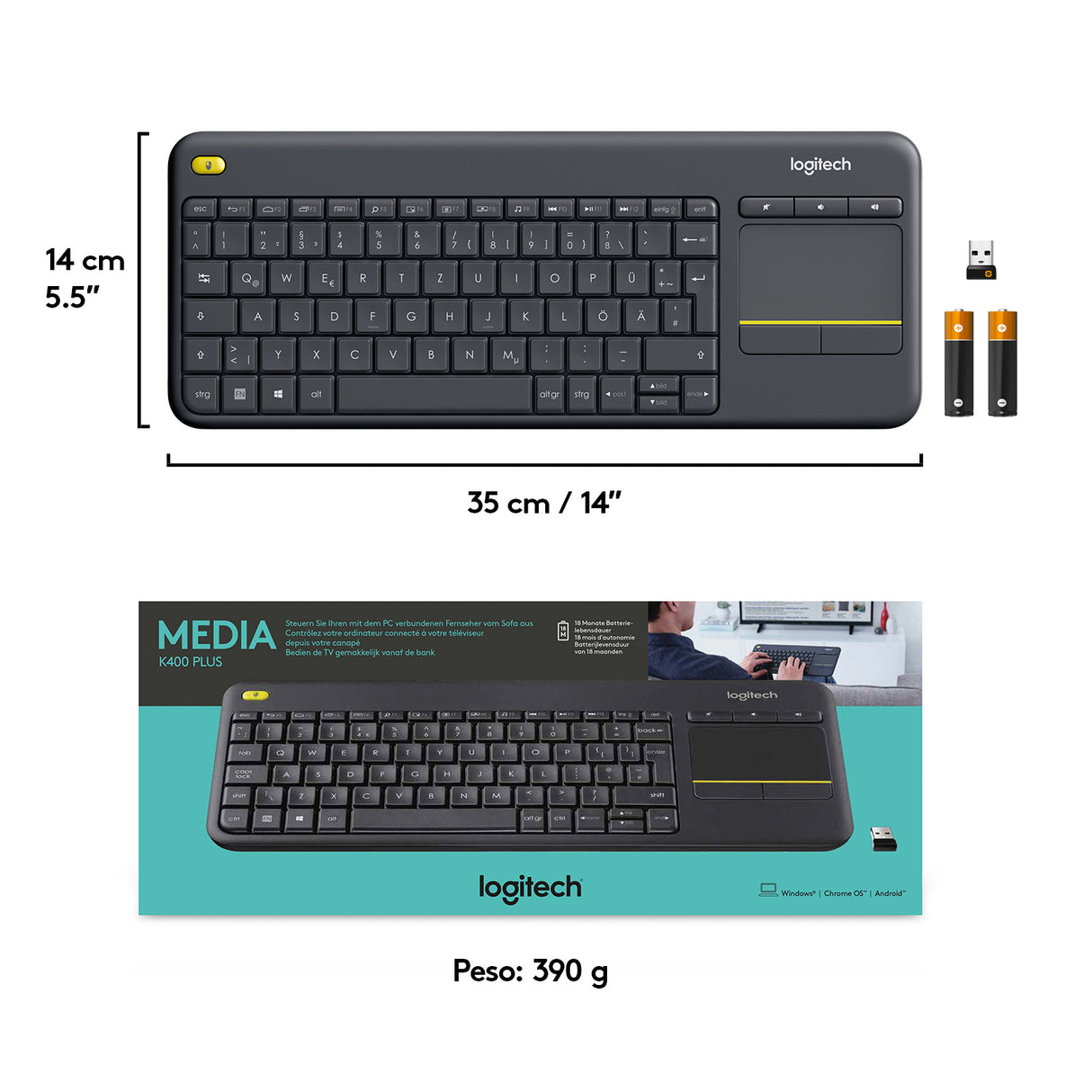 Logitech K400 Plus Tastiera Wireless Touch per tv