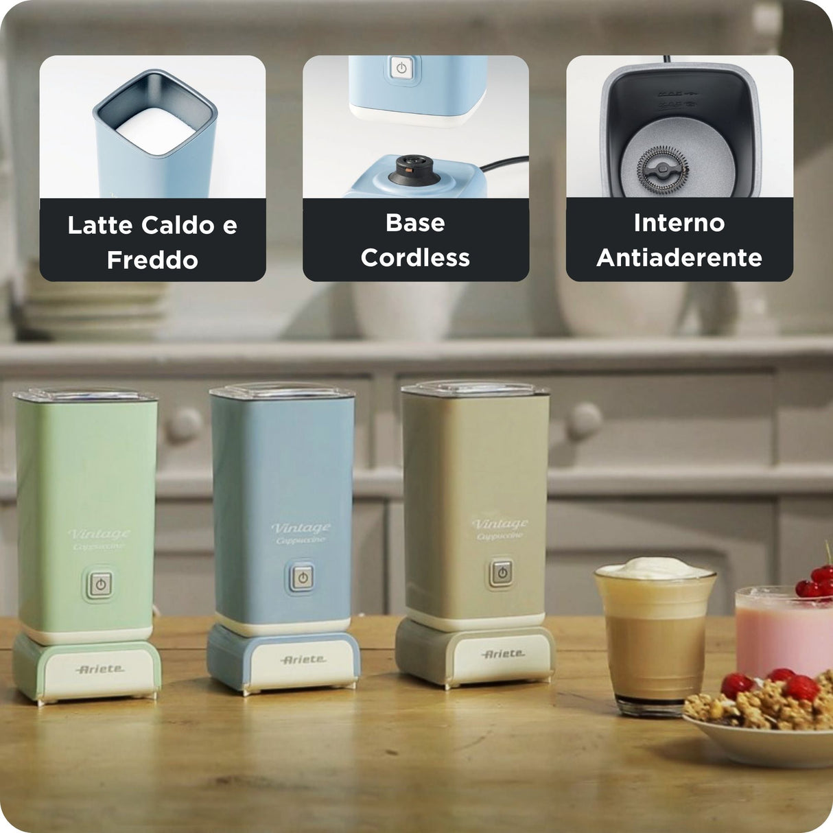 Ariete 2878 Cappuccinatore Vintage - Montalatte a caldo e a freddo - Cappuccino, cioccolata, infusi liofilizzati - 500 Watt - Celeste