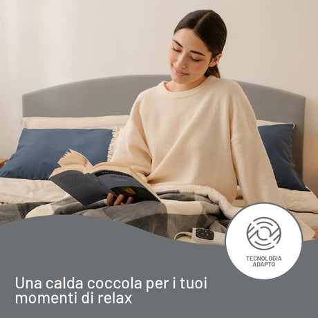 Imetec CaldoPlaid Tartan Grey Plaid Riscaldabile, Morbida Coperta Elettrica 160x120 cm, Basso Consumo, Tecnologia Adapto, Dispositivo di Sicurezza, Rapido Riscaldamento, 6 Temperature, Lavabile