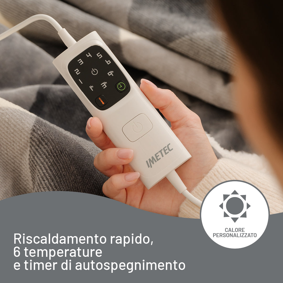 Imetec CaldoPlaid Tartan Grey Plaid Riscaldabile, Morbida Coperta Elettrica 160x120 cm, Basso Consumo, Tecnologia Adapto, Dispositivo di Sicurezza, Rapido Riscaldamento, 6 Temperature, Lavabile