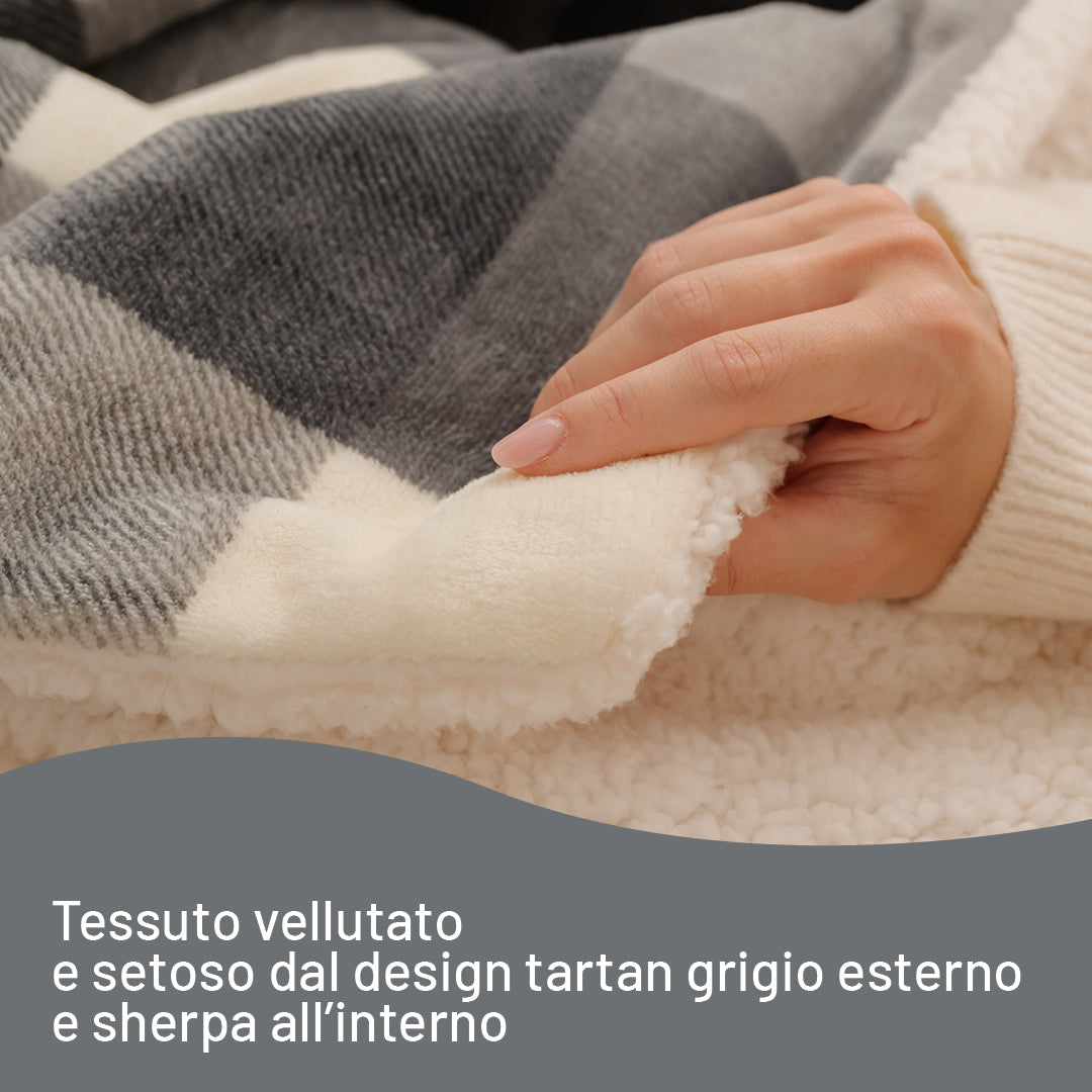 Imetec CaldoPlaid Tartan Grey Plaid Riscaldabile, Morbida Coperta Elettrica 160x120 cm, Basso Consumo, Tecnologia Adapto, Dispositivo di Sicurezza, Rapido Riscaldamento, 6 Temperature, Lavabile