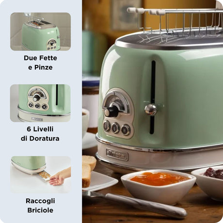 Ariete 155 Tostapane Vintage 2 fette di pane - con pinze - 6 livelli di tostatura - 810 Watt- Acciaio Inox - Linea Vintage - Verde