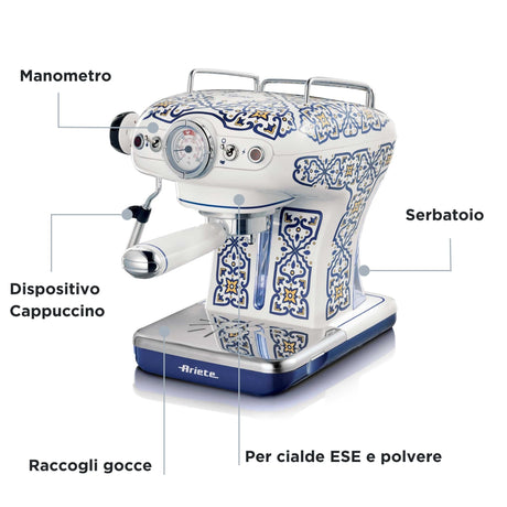 Ariete 1389 Macchina da caffè Capri, 850W, Capacità serbatoio 0,9L, Filtro ½ tazze, Vassoio raccogli goccia, Cappuccinatore