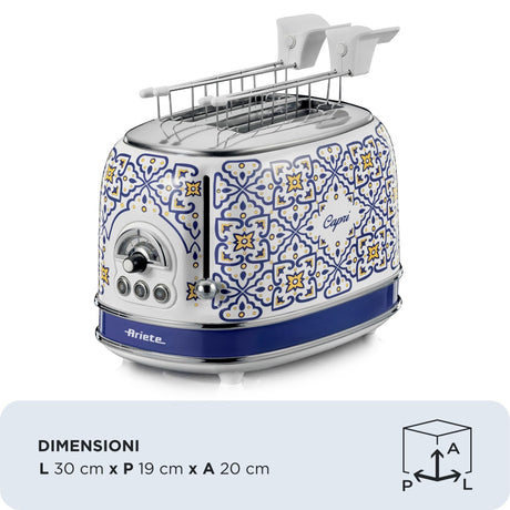 Ariete 155 Tostapane Capri, 810W, 2 fette, 6 livelli di doratura, Vassoio raccogli briciole, Funzione defrost, Espulsione automatica