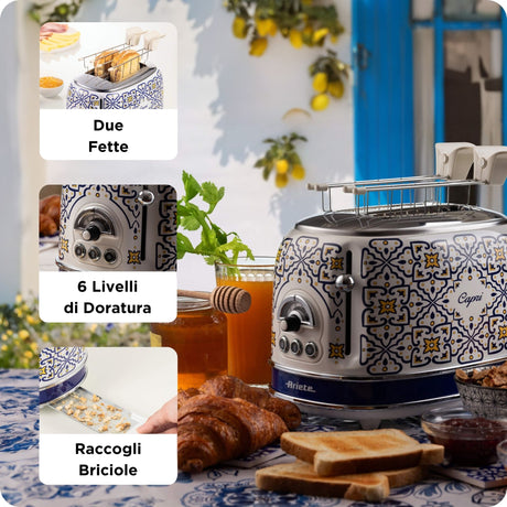 Ariete 155 Tostapane Capri, 810W, 2 fette, 6 livelli di doratura, Vassoio raccogli briciole, Funzione defrost, Espulsione automatica