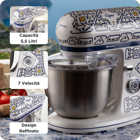Ariete 1588 Impastatrice Capri, Planetaria, 7 velocità, 2400 Watt, 5,5 litri, Tazza Acciaio Inox