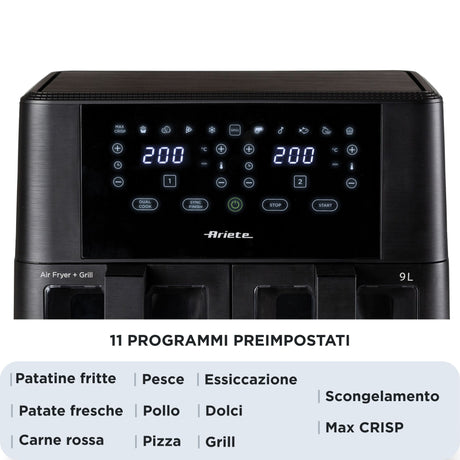 Ariete 4631 Friggitrice ad aria Doppia 9L, 2400W, Capacità totale 9L, 11 programmi, Multifunzione, Fino a 3,6 kg di fritto Temperatura fino a 200°C, Doppio cestello, Nero