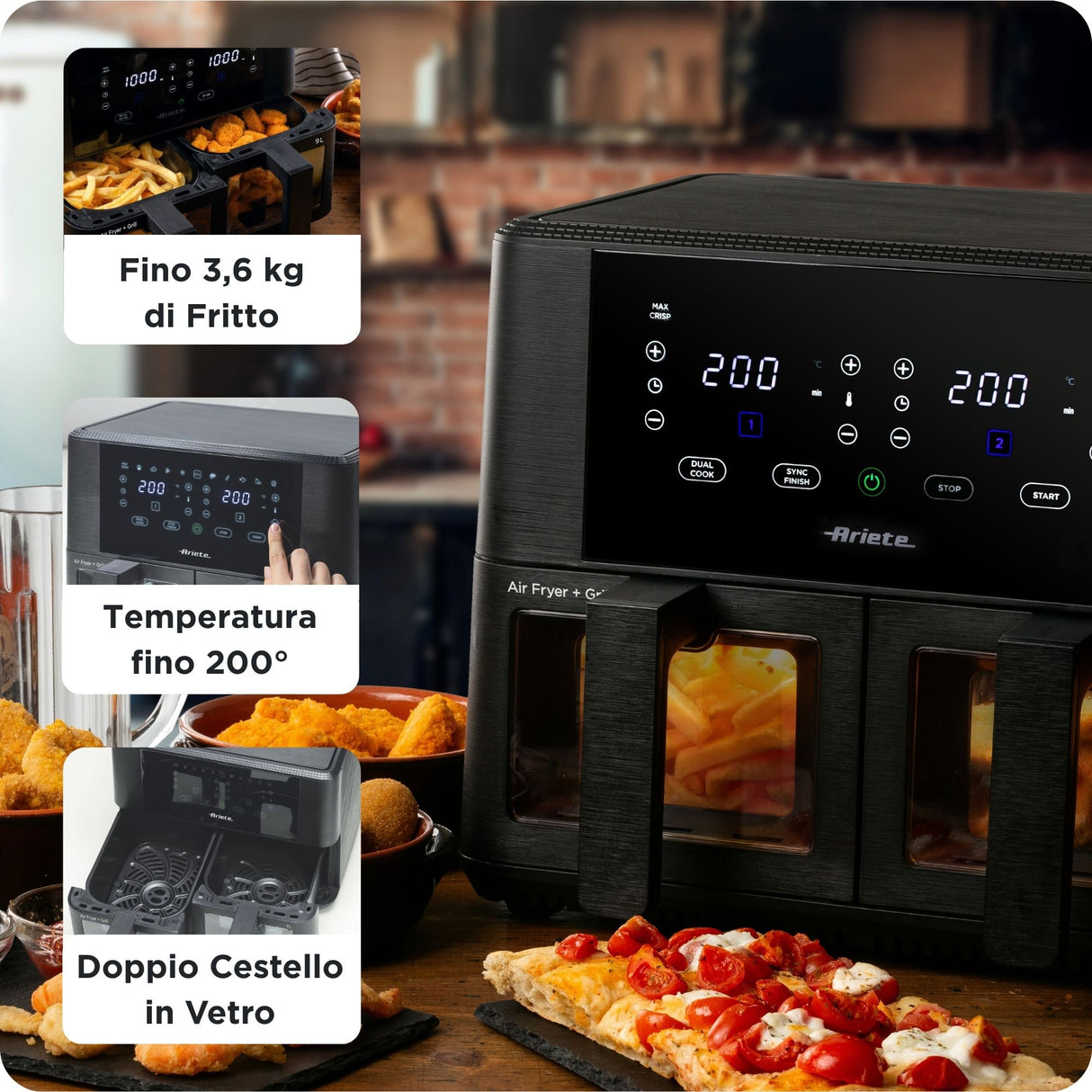 Ariete 4631 Friggitrice ad aria Doppia 9L, 2400W, Capacità totale 9L, 11 programmi, Multifunzione, Fino a 3,6 kg di fritto Temperatura fino a 200°C, Doppio cestello, Nero