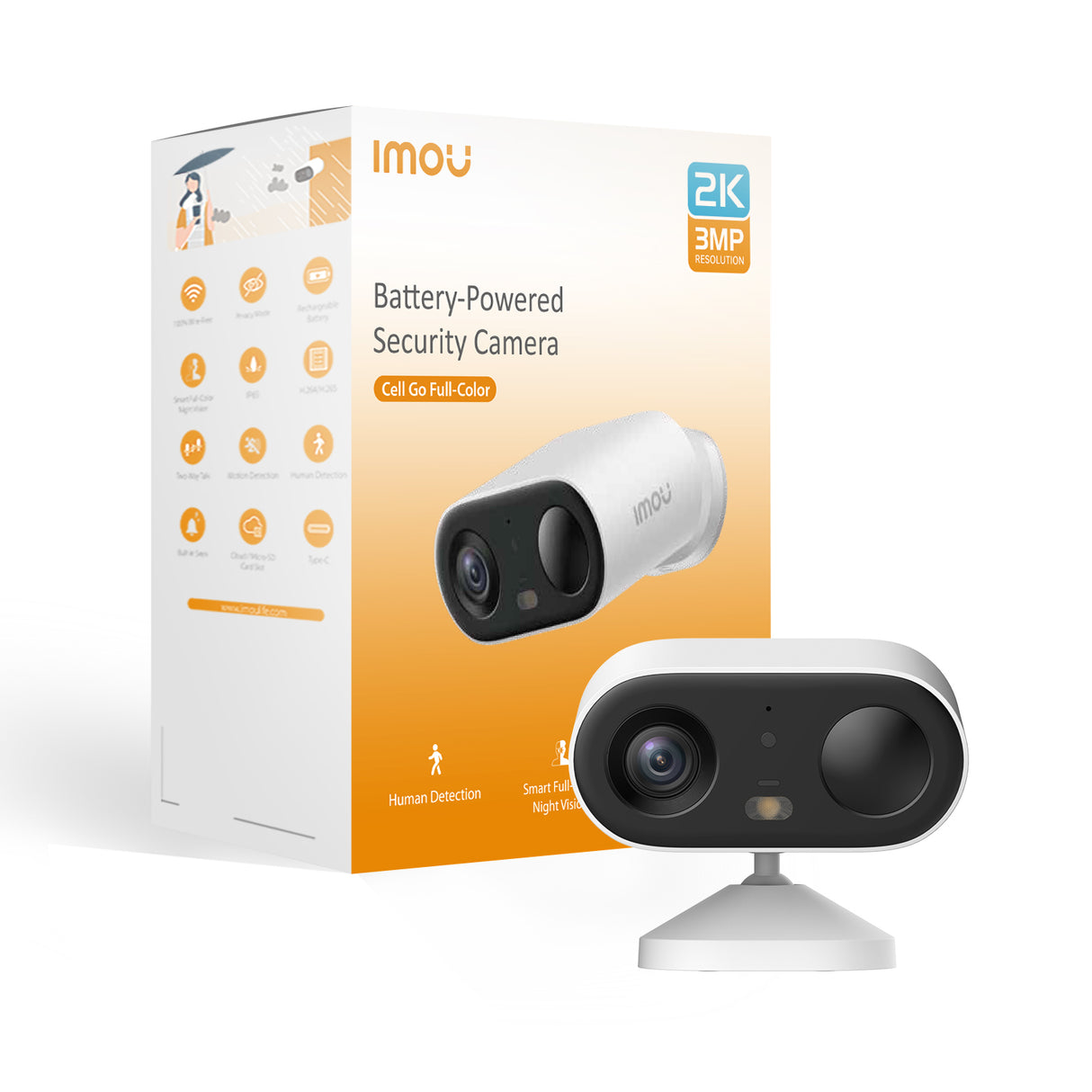 Imou Cell GO Full Color 2K (3MP) Telecamera Wi-Fi Esterno/Interno Batteria Senza Fili, Rilevamento PIR/Umano, Visione Notturna a Colori, Audio Bidirezionale con Voce Personalizzata, IP65