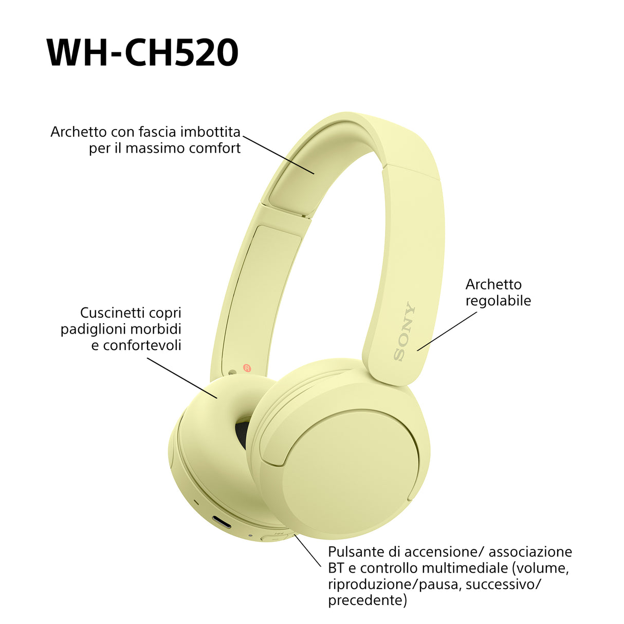 Sony WHCH520Y.CE7 cuffia e auricolare Wireless A Padiglione Musica e Chiamate USB tipo-C Bluetooth Giallo