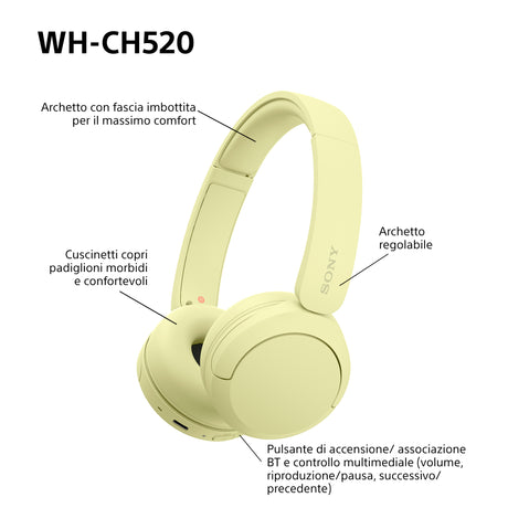 Sony WHCH520Y.CE7 cuffia e auricolare Wireless A Padiglione Musica e Chiamate USB tipo-C Bluetooth Giallo