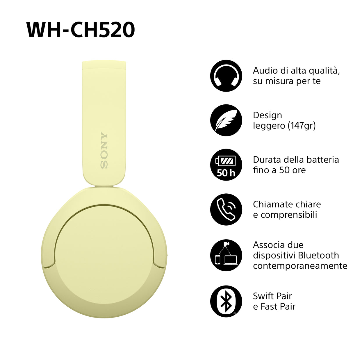 Sony WHCH520Y.CE7 cuffia e auricolare Wireless A Padiglione Musica e Chiamate USB tipo-C Bluetooth Giallo
