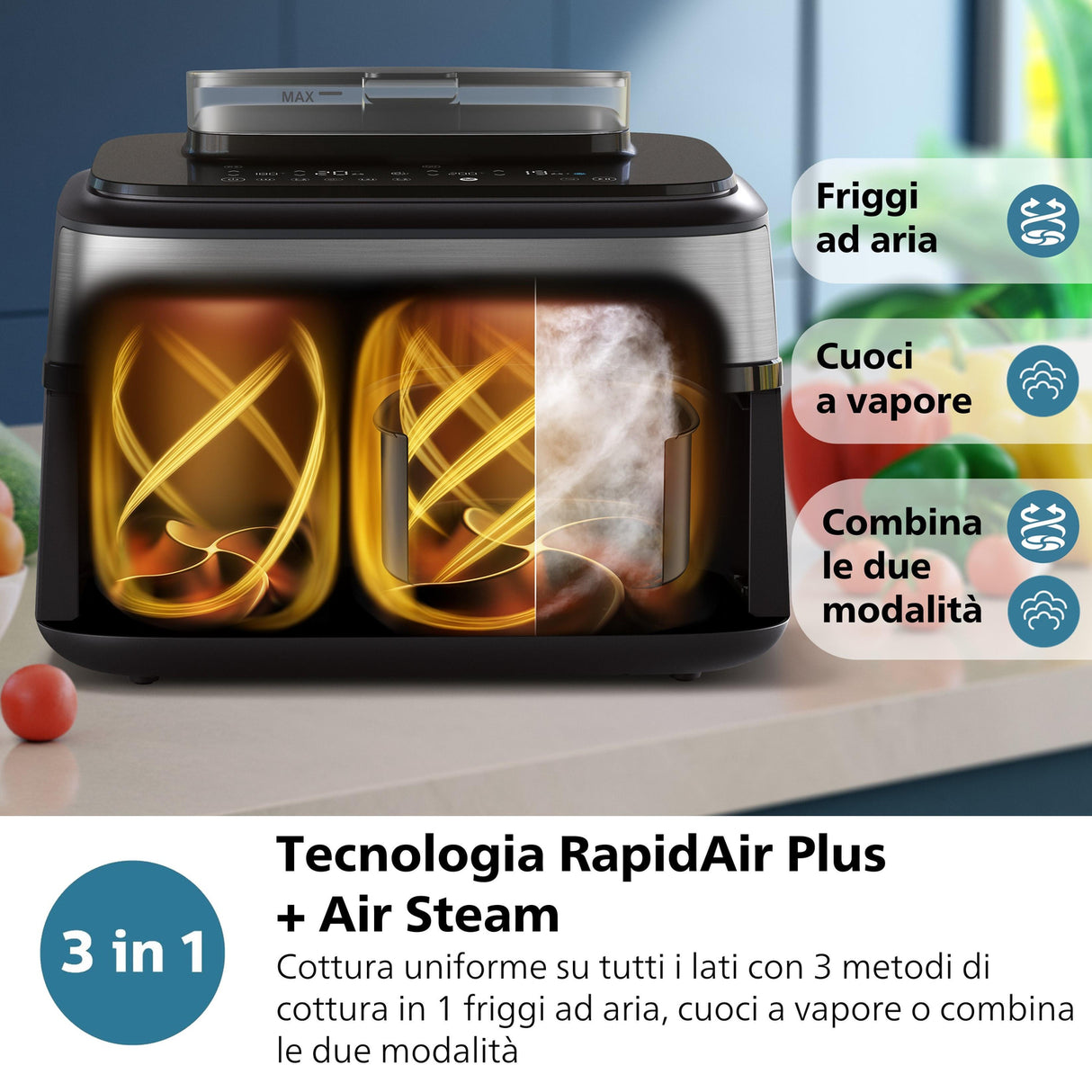 Philips Serie 5000 Airfryer doppio cestello con vapore, Friggitrice ad aria da 9.0L, 19 metodi di cottura, Pulizia cestello a vapore, App ricette, NA555/00