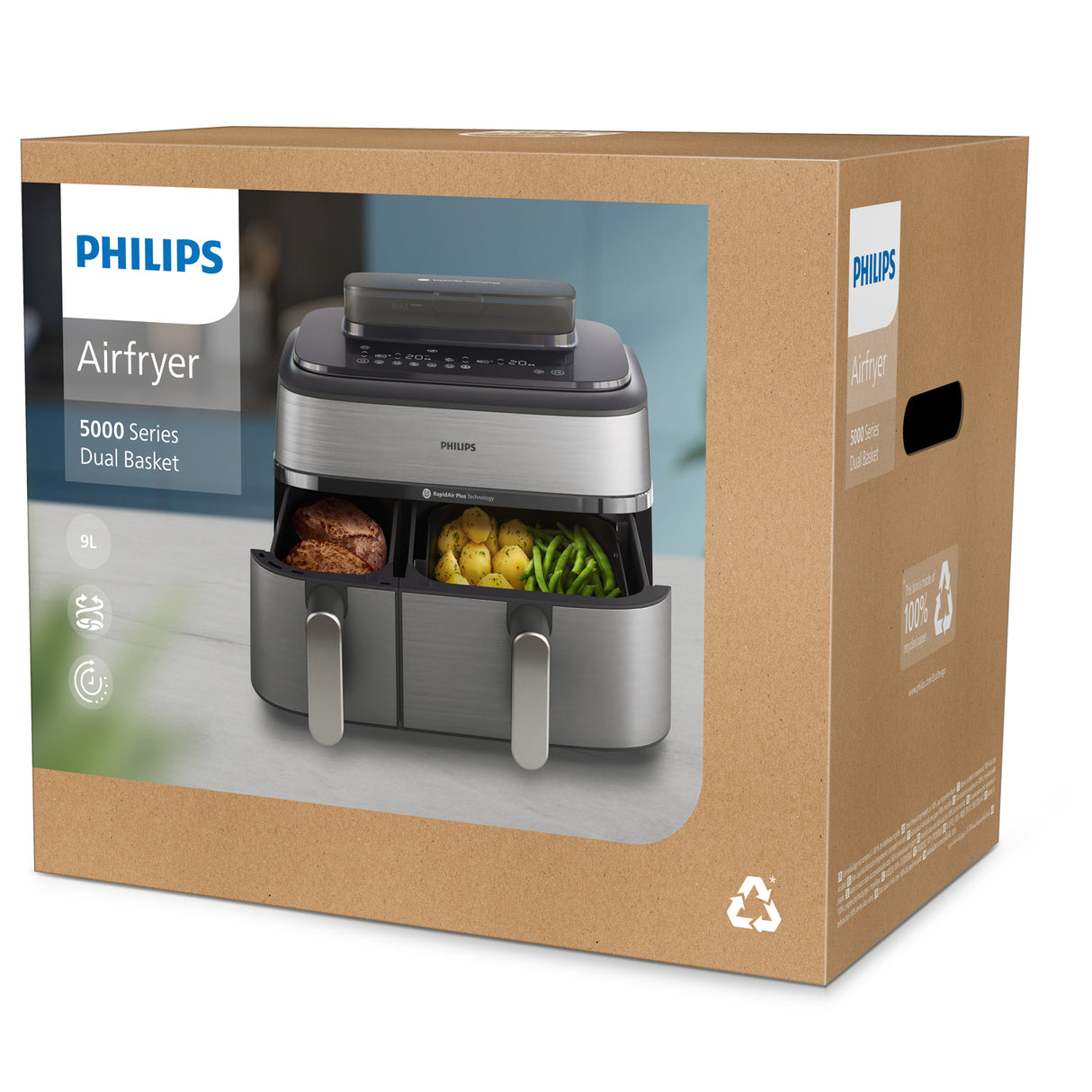 Philips Serie 5000 Airfryer doppio cestello con vapore, Friggitrice ad aria da 9.0L, 19 metodi di cottura, Pulizia cestello a vapore, App ricette, NA555/00