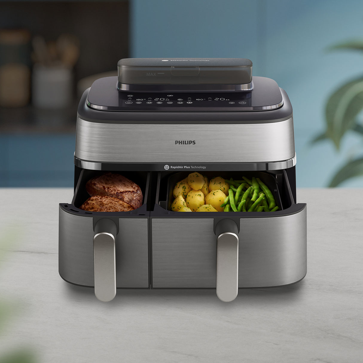 Philips Serie 5000 Airfryer doppio cestello con vapore, Friggitrice ad aria da 9.0L, 19 metodi di cottura, Pulizia cestello a vapore, App ricette, NA555/00