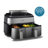 Philips Serie 5000 Airfryer doppio cestello con vapore, Friggitrice ad aria da 9.0L, 19 metodi di cottura, Pulizia cestello a vapore, App ricette, NA555/00