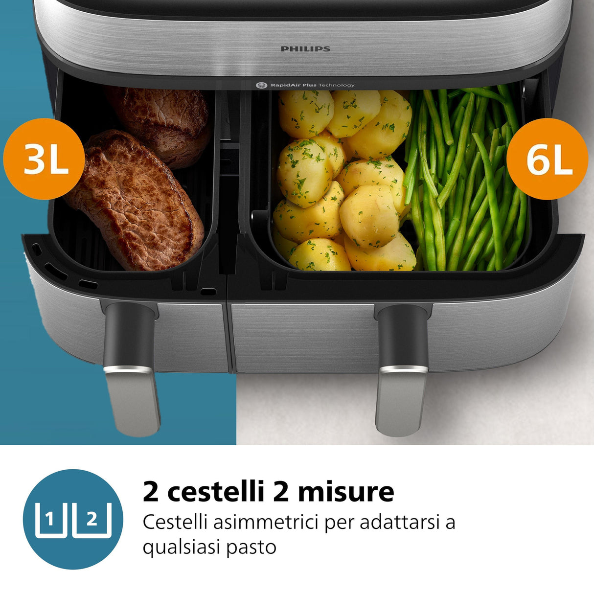 Philips Serie 5000 Airfryer doppio cestello con vapore, Friggitrice ad aria da 9.0L, 19 metodi di cottura, Pulizia cestello a vapore, App ricette, NA555/00
