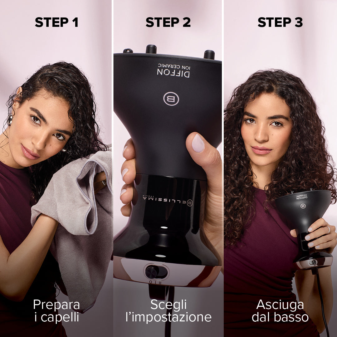 Bellissima Imetec Diffon Ion Ceramic, Diffusore ad Aria Calda per Capelli Ricci, Tecnologia Ion Ceramic, Doppio voltaggio, 700 W, 2 Combinazioni Aria/Temperatura, Asciugatura Delicata Senza Effetto Crespo, Impugnatura Ergnomica