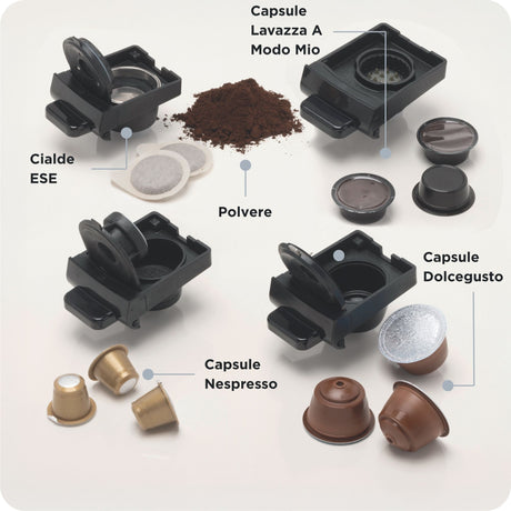 Ariete 1304 Macchina da caffè a cassetti, 1350W, Capacità serbatoio 0,7L, Pressione 19 bar, 2 tipologie di caffè, Capsule Nespresso*, Dolcegusto*, Lavazza A Modo Mio*, Cialde e Polvere, Nero