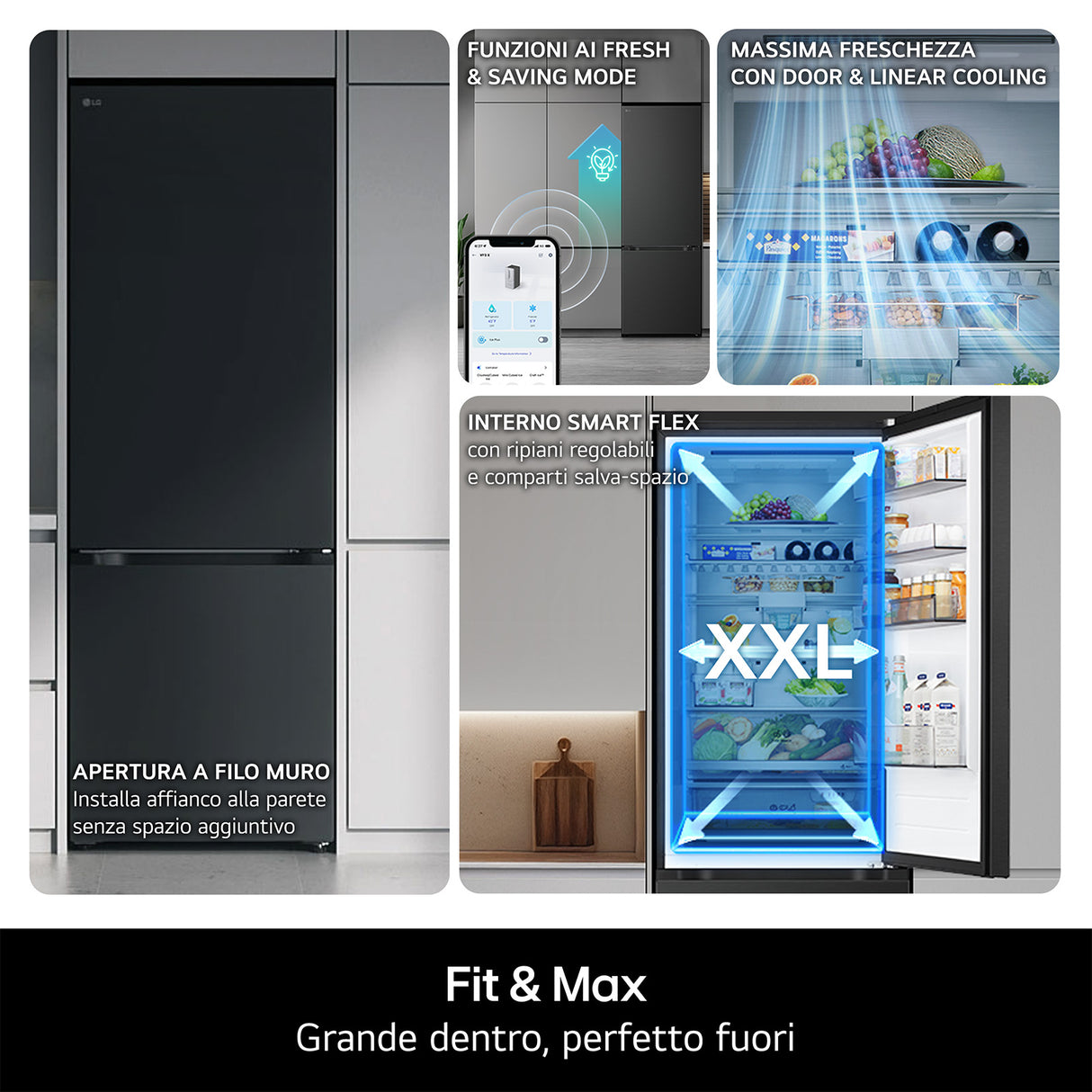 LG GBBS322CPY Frigorifero combinato Fit & Max 60cm, Classe C, 375L, AI Inverter, Prime Silver