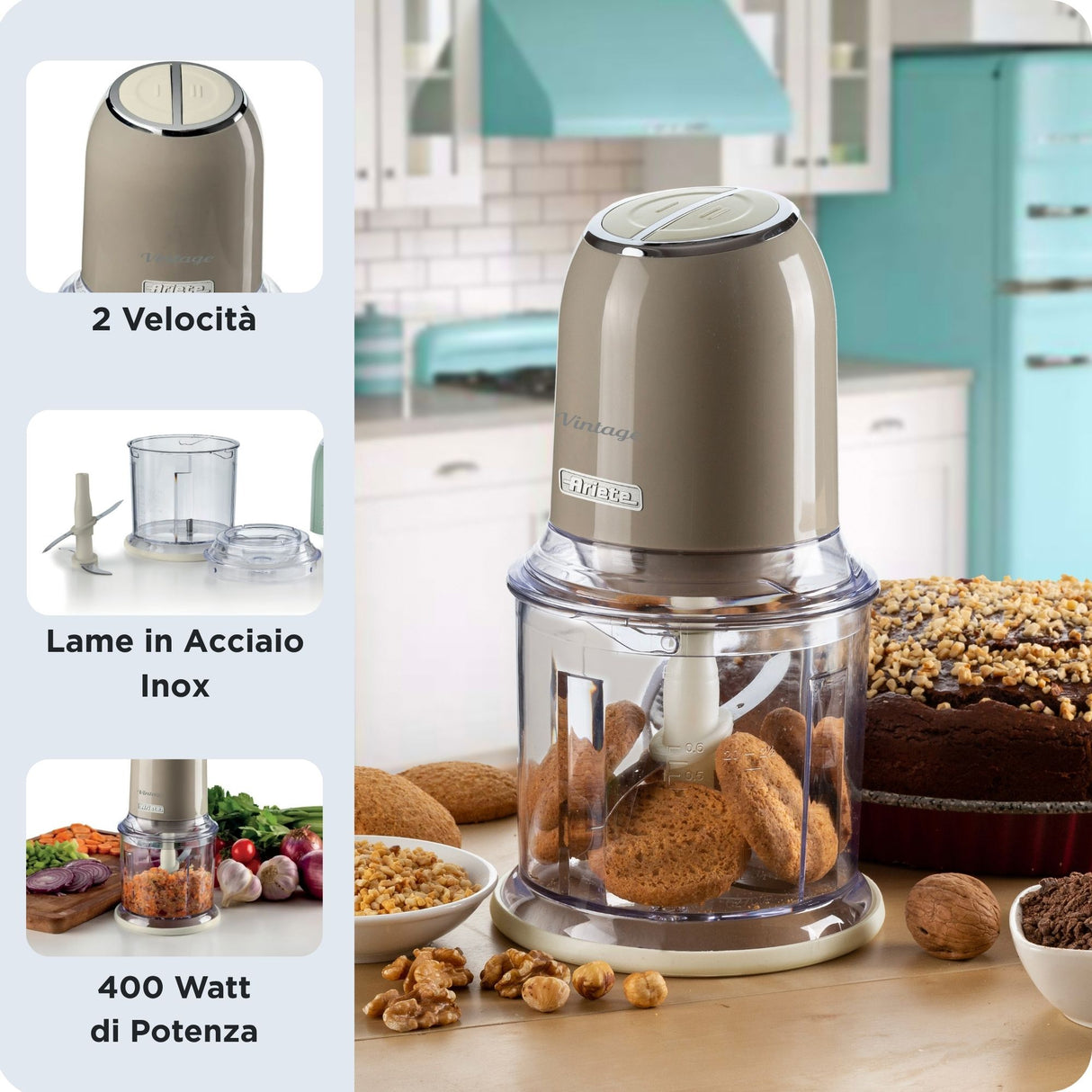 Ariete 438, Tritatutto Vintage, Chopper e Tritaghiaccio, 2 velocità, 4 lame in Acciaio Inox, Tazza graduata 600 ml, 400 W, Beige
