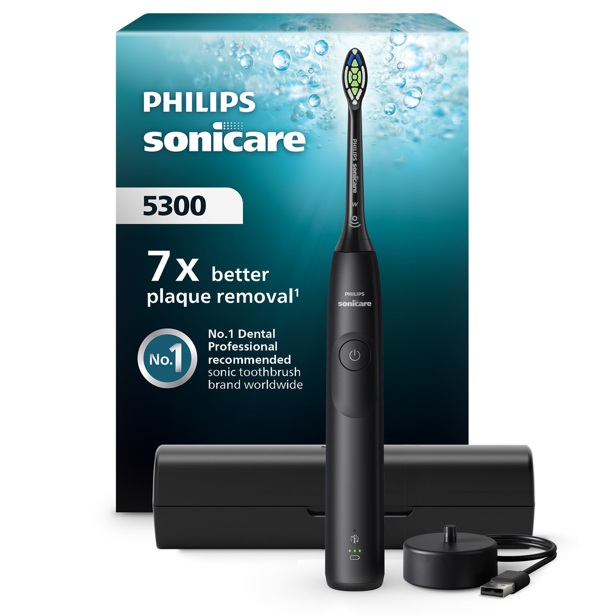 Philips Sonicare serie 5300 Spazzolino elettrico sonico con base di ricarica, 2 livelli intensità, sensore di pressione colore nero HX7101/02