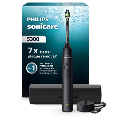 Philips Sonicare serie 5300 Spazzolino elettrico sonico con base di ricarica, 2 livelli intensità, sensore di pressione colore nero HX7101/02